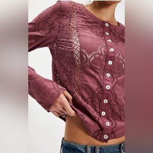 Free People Jae Sheer Lace Knit Long Sleeve Top